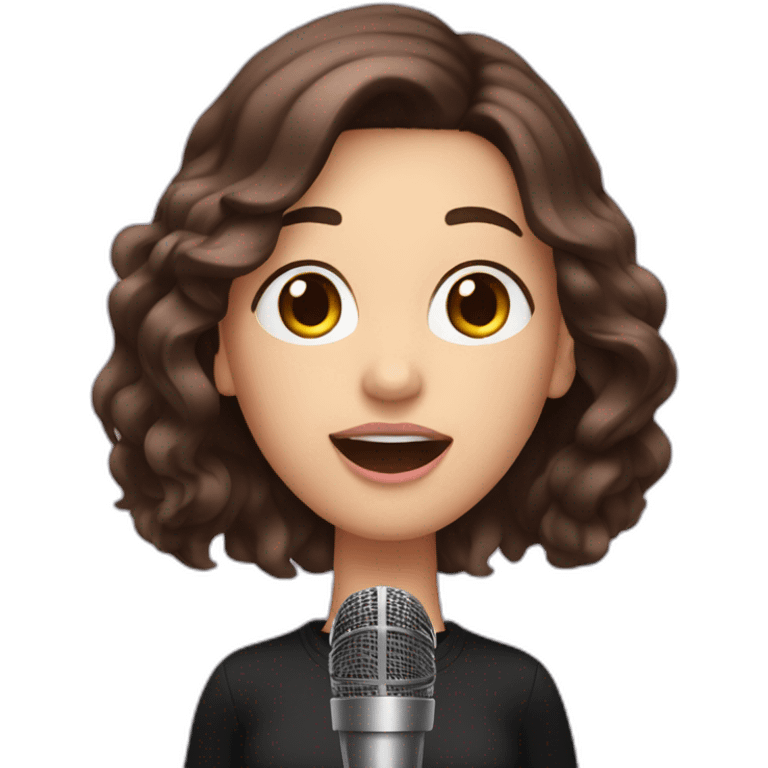 Caucasian woman with long dark brown hair and pink highlights, chubby, with a microphone singing, wearing a black sweater emoji