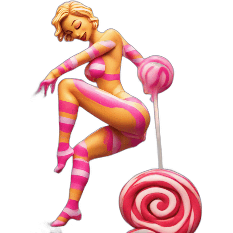 Sexy Neon sign shows fitness model figurine in striped body paint from behind tasting lollipop emoji