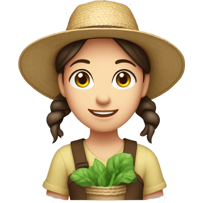 farmer girl, blue eyes, dark brown hair, with a straw hat, ponytail, holding greens emoji