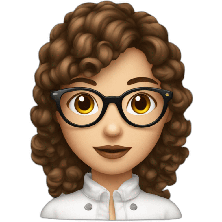 Fille avec des lunettes noir des points de beauté et les cheveux bruns bouclés emoji