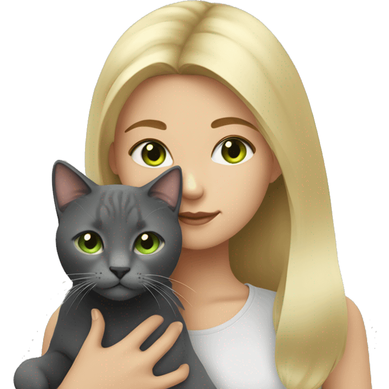 Girl with blonde hair and hazel eyes holding a dark grey cat with light green eyes emoji