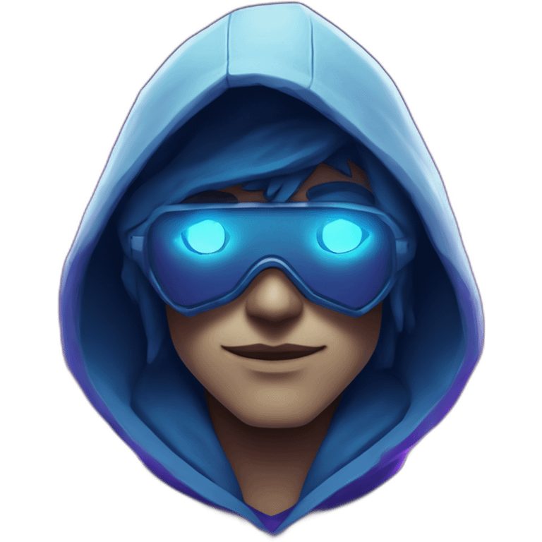 developer with the style of Riot Games Valorant neon blue eyes glowing bright blue Video game character blue purple hooded assassin themed character shrouded wraith emoji