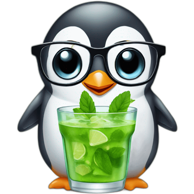 baby penguin with big glasses drinking mojito emoji