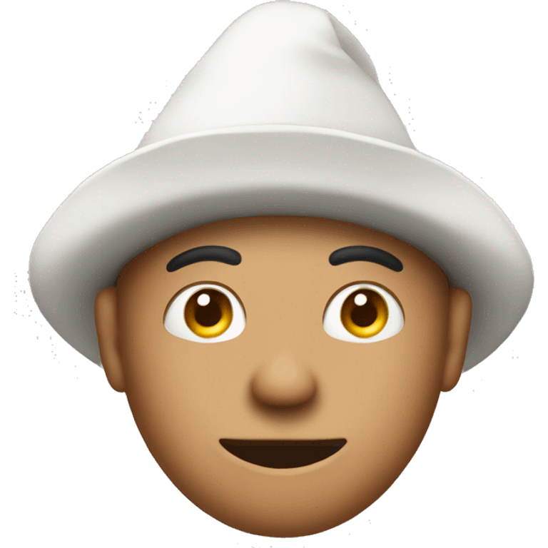 Man wearing white triangular hat with eye holes emoji