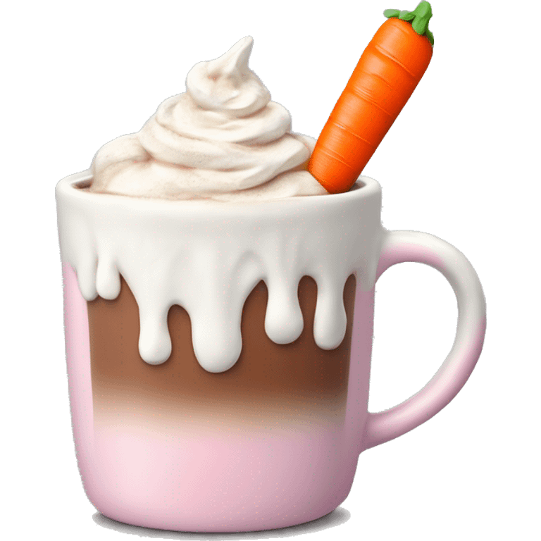 Realistic hot chocolate in pastel color mug with whipped cream on top and a carrot stuck through the whipped cream. emoji