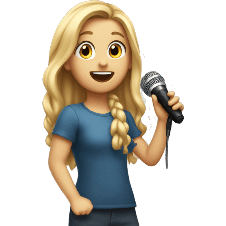 An emoji of a young girl with long blonde hair, holding a microphone and singing passionately, with a joyful expression on her face emoji