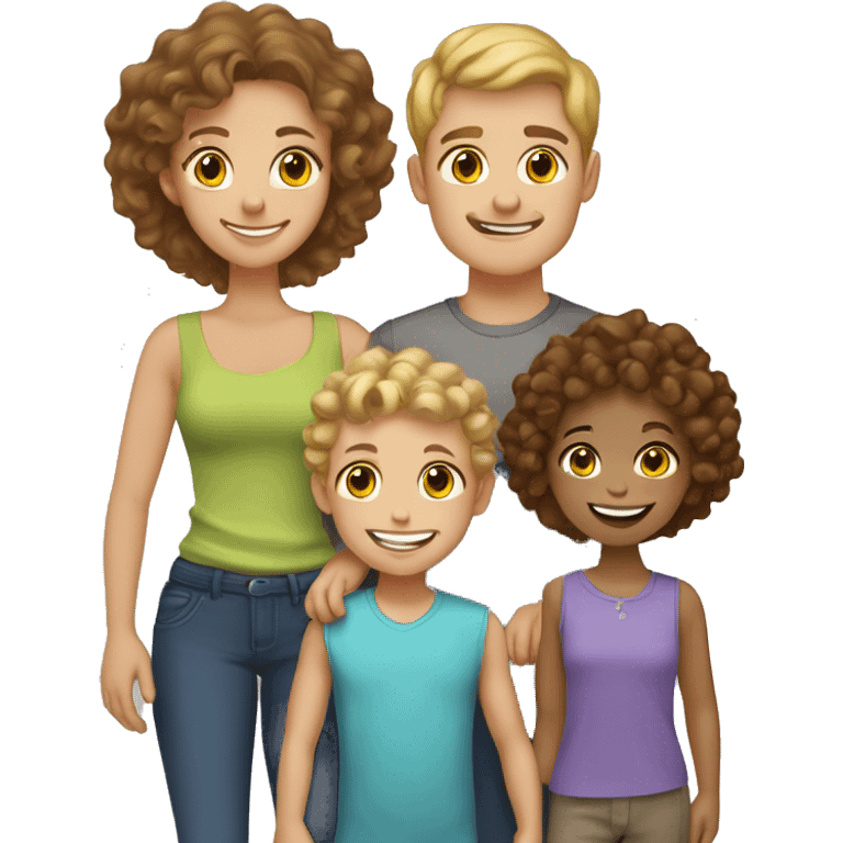 Family of 5. All light skinned. Dad has brown hair. Mom has brown curly hair. Oldest boy with blonde curl hair. oldest girl with light brown hair. toddler boy, with brown hair. emoji