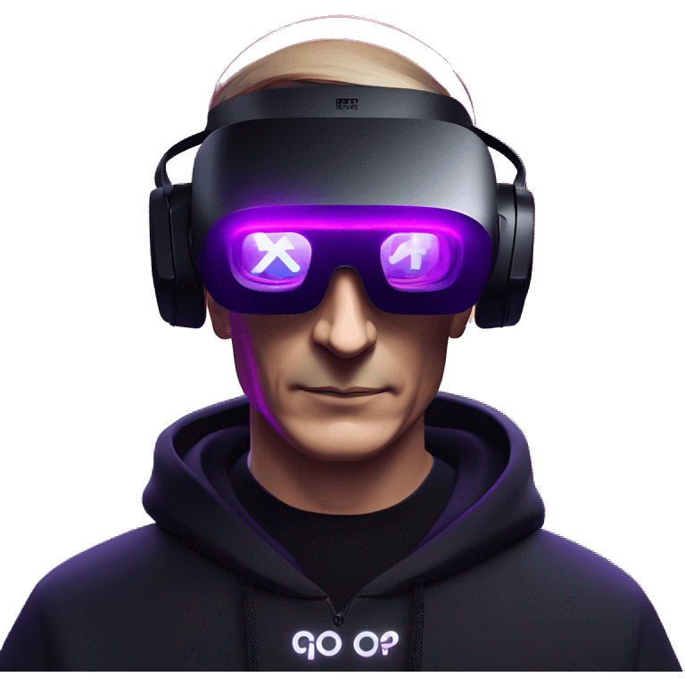 Vladimir Putin wearing a black hoodie with "OMG" letters on it and VR headset oculus quest 2 in a cyberpunk VR environment with violet neon lighting. emoji