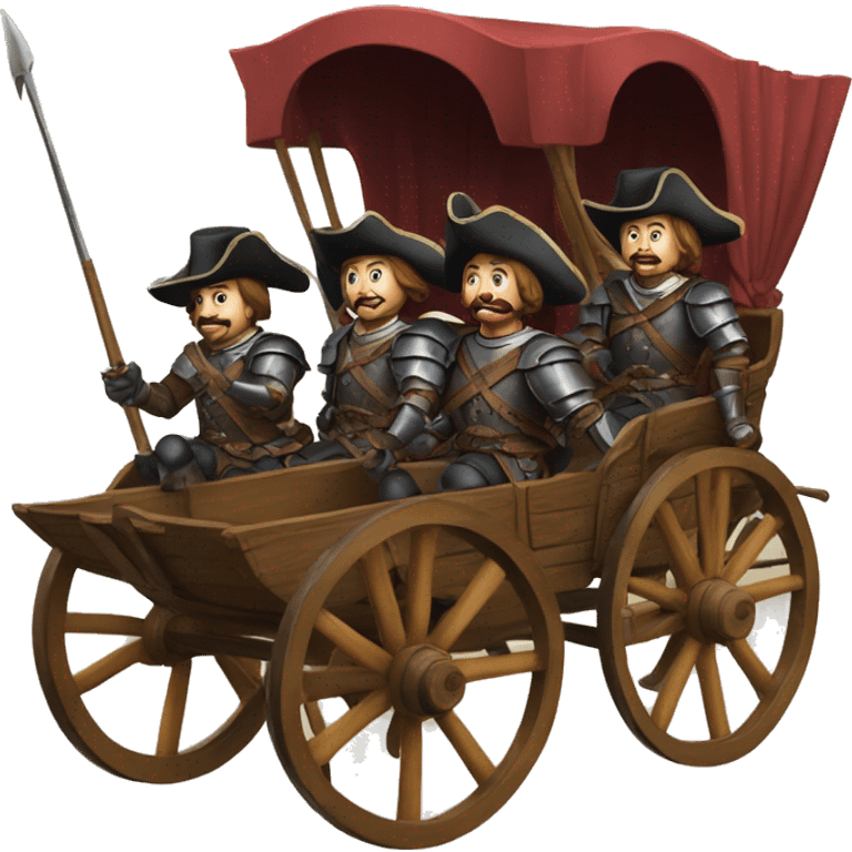 four 17th century musketeers driving a wagon, no weapons emoji