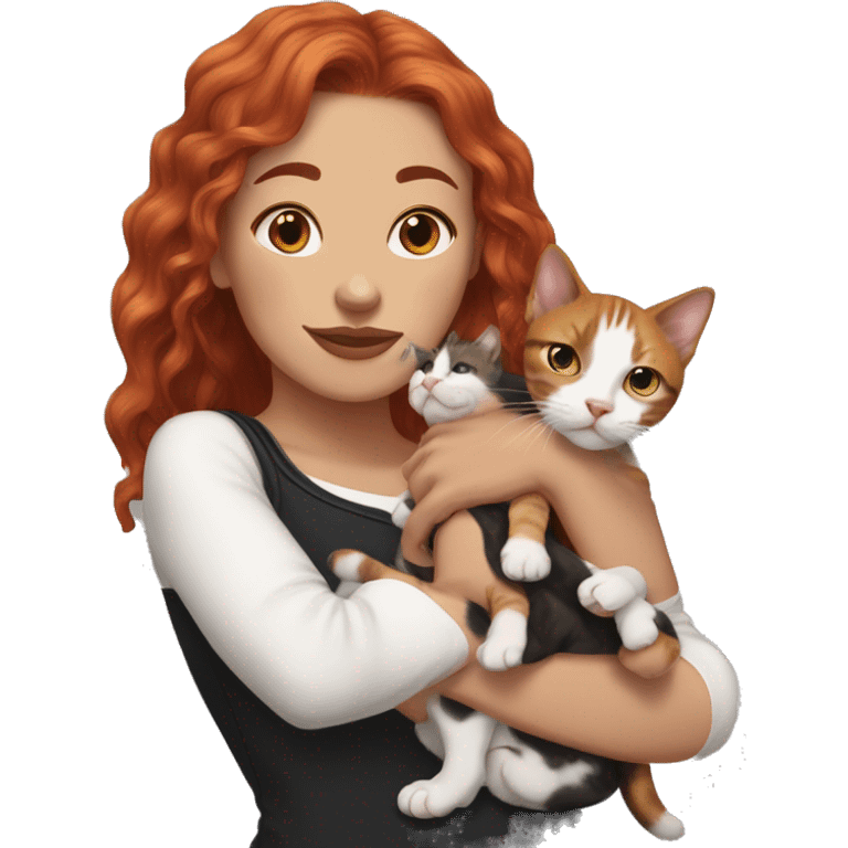 Long Red haired woman with septum piercing holding black and white English Staffordshire puppy and tabby kitten emoji