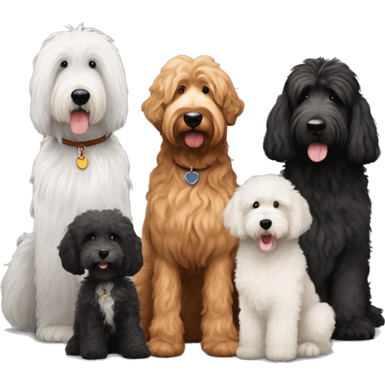 A tall, black golden doodle, a old English sheepdog, a brown golden doodle, and a smaller black goldendoodle together emoji