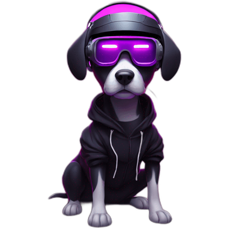 funny dog wearing a black hoodie with "OMG" letters on it and VR headset in a cyberpunk VR environment with violet neon lighting. emoji