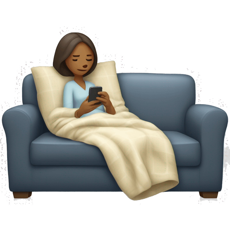 Wife laying on couch under a blanket on her phone. She is white. Have the husband behind the couch sneezy emoji