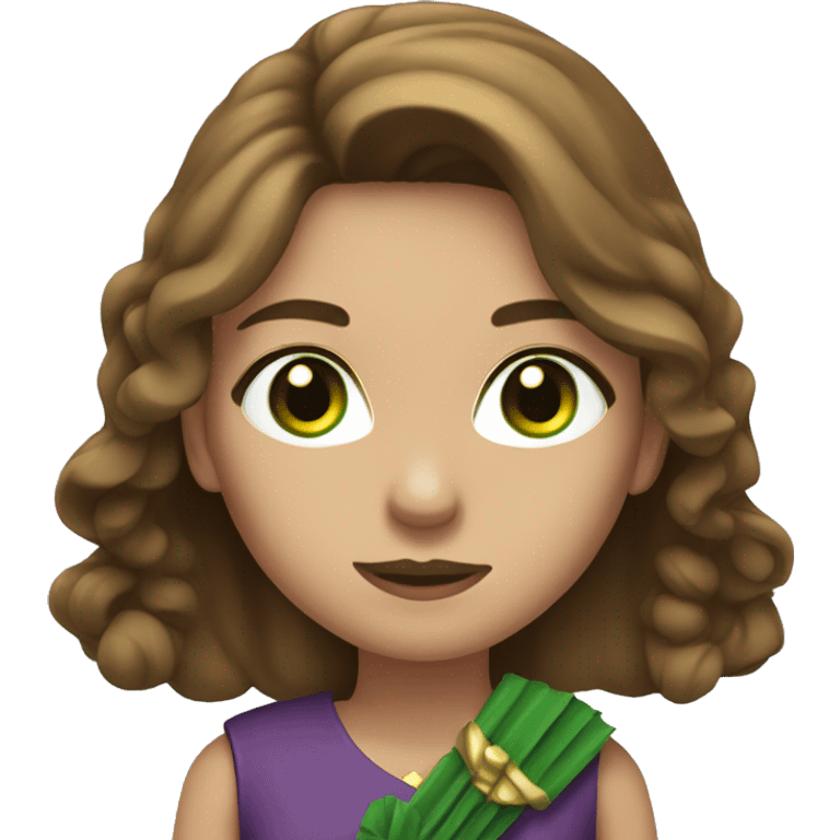 Woman with green eyes, brown long hair, dressed in dress, holding shooting bow emoji