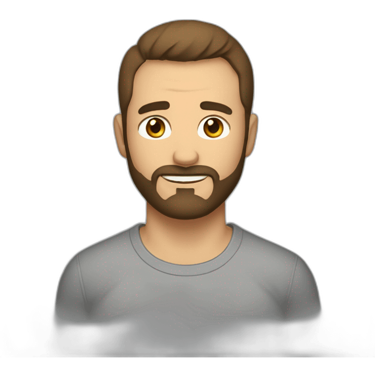 man with brown short hair and short beard wearing a t-shirt with the word escutai on front emoji