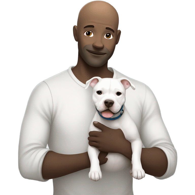 white bald man with blue eyes hugging dark grey no white staffordshire terrier  emoji