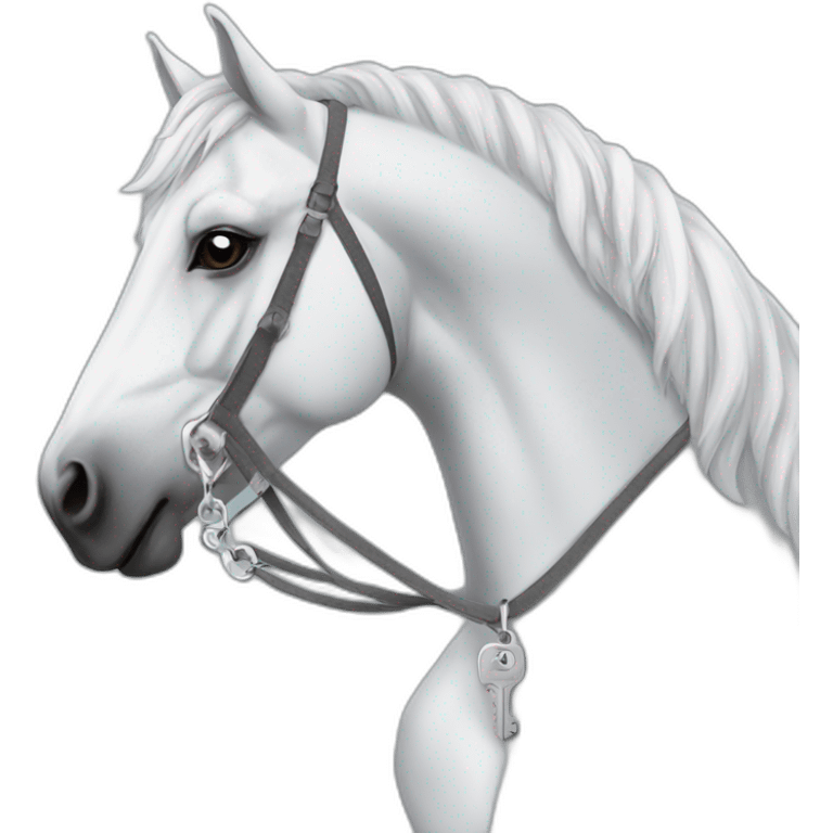 White stallion mustang wearing a grey key around the neck only necklace no mouth strap showing neck no lock emoji