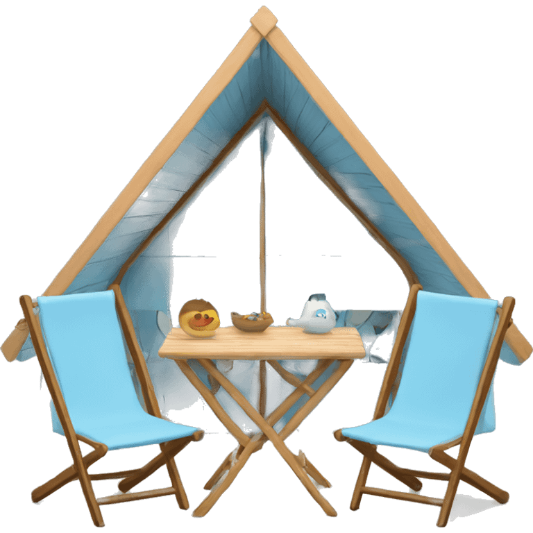 Light blue a-frame cabin with two chairs emoji