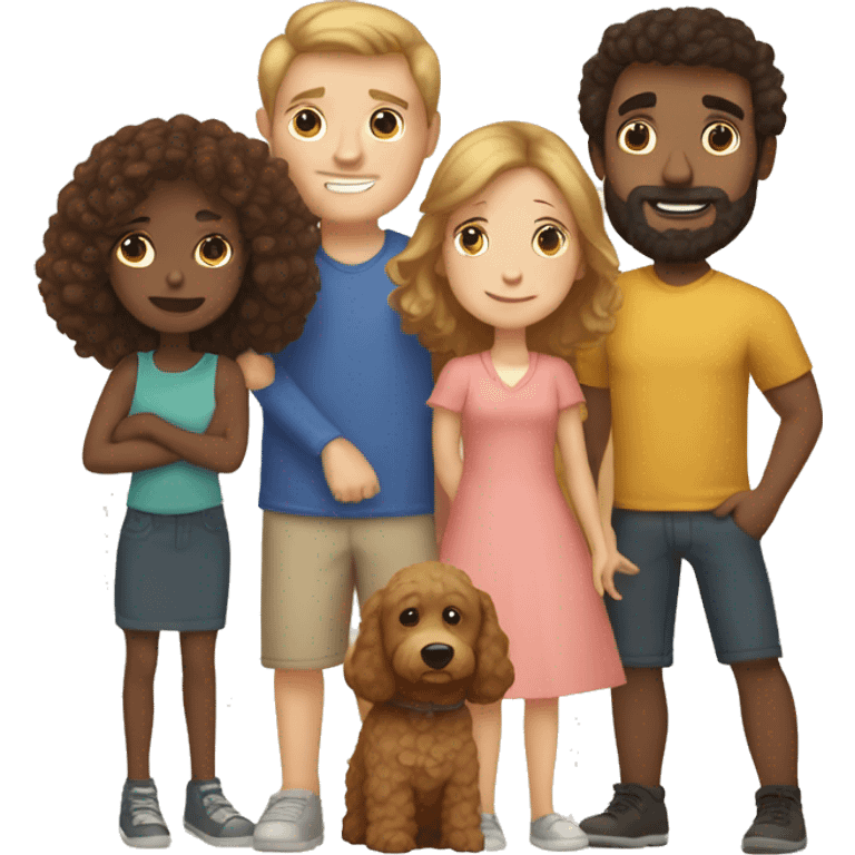 white mom and dad with brow hair, one little boy with brown hair, one girl wth brown hair, and a golden doodle emoji