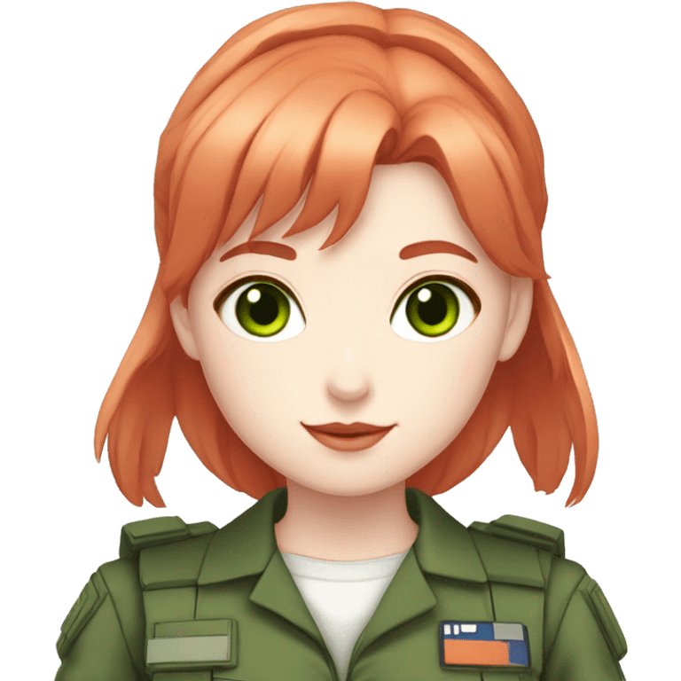 1girl, bunny, pale skin, white skin, white rabbit ears, red hair, twin tails, green eyes, green combat uniform emoji