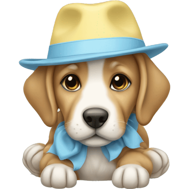 Light brown puppy with pastel blue hat and pastel yellow shoes emoji