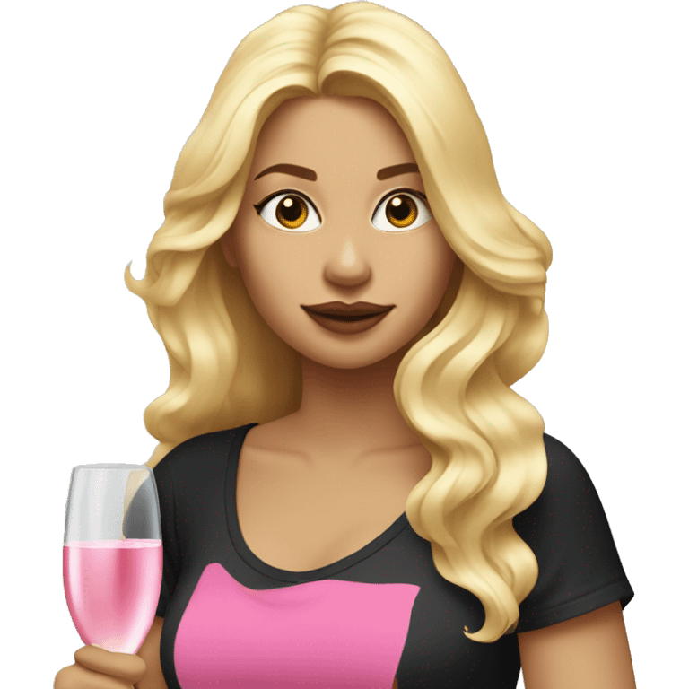 blonde lady with flowing hair drinking pink champagne and black t-shirt no cleavage emoji