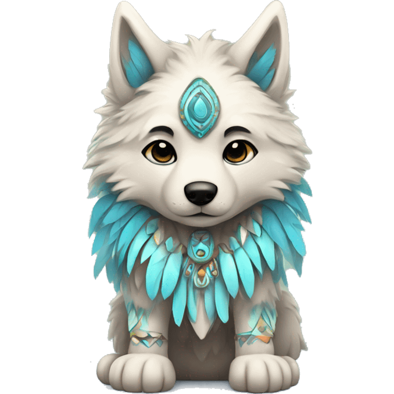 Fluffy Shy Colorful Chibi Spiritual Shamanic Wolf With Shiny Tribal Markings wearing feathers Full Body emoji