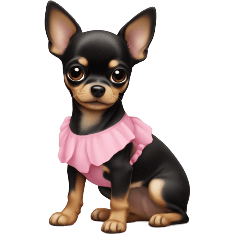 black & tan chihuahua puppy wearing a pink dress emoji