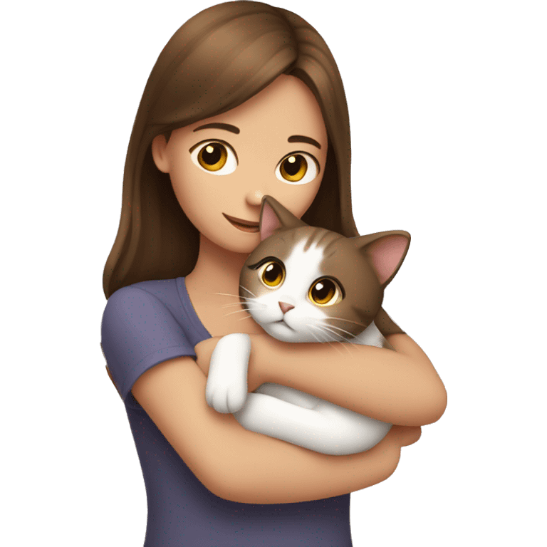 A brown haired girl hugging a cat emoji