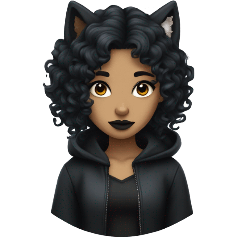 Goth girl with olive skin tone and a long black curly wolf cut emoji