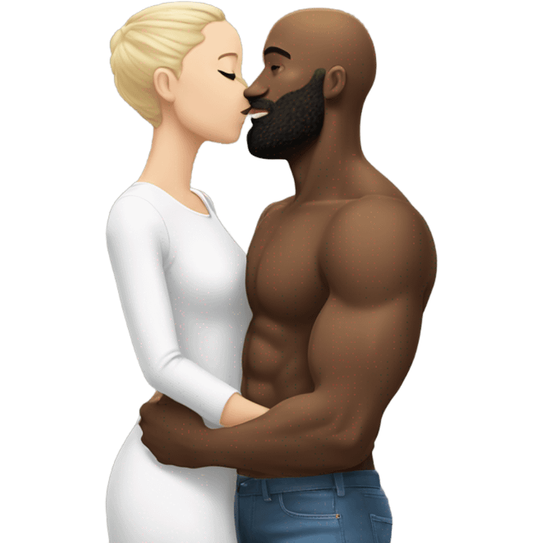 White brunette kissing muscular black bald man with beard emoji