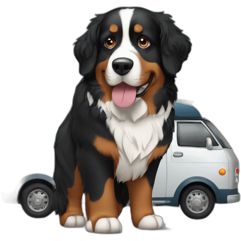 Bernese mountain dog travelling with a camper emoji