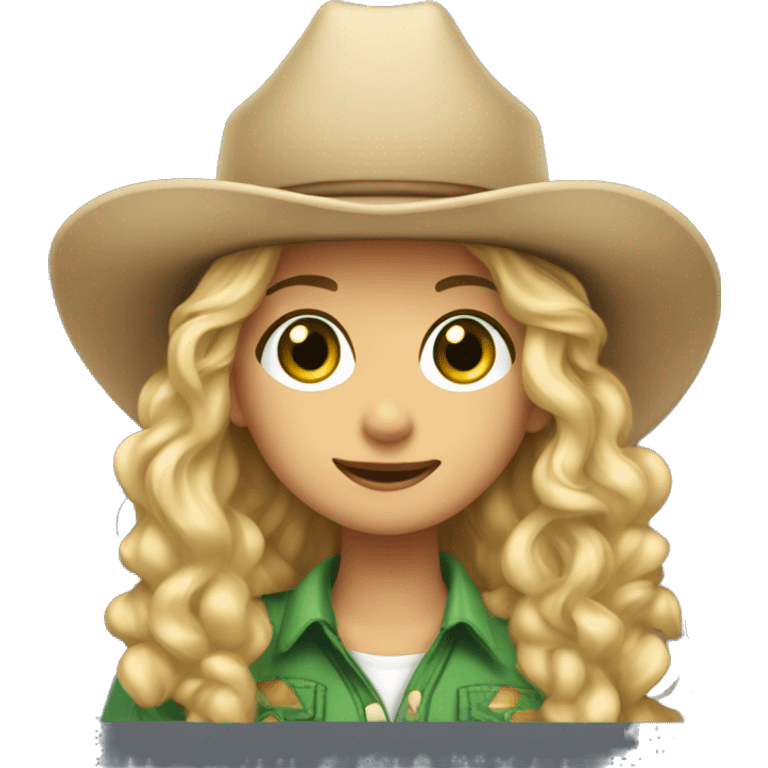 A pretty girl with long, curly blonde hair and green eyes, wearing dungrees and a cowboy hat emoji