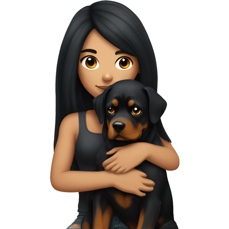 Girl with long black hair and tattoos cuddling her Rottweiler emoji