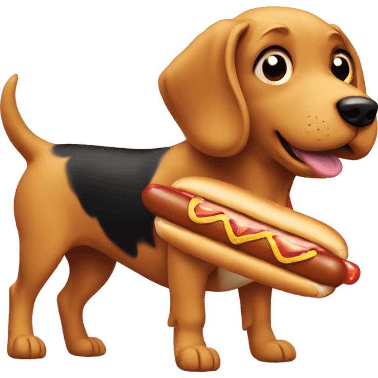 Dog eating a hot dog wearing a chicken on its back  emoji