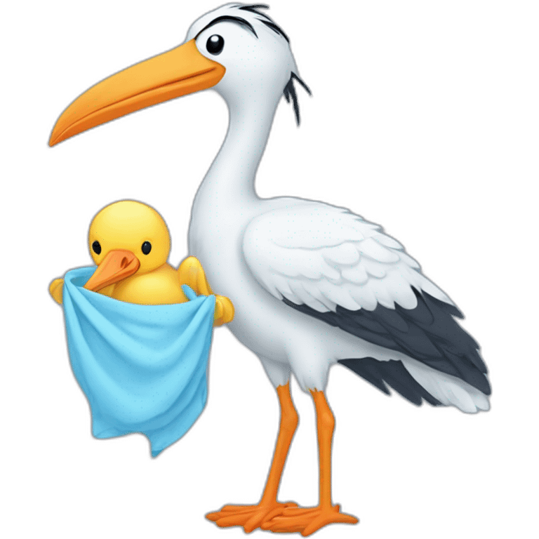 stork carrying a light blue bundle of cloth in its beak that has a human baby with dark hair and the baby face and head is peeking from the cloths bundle the strok is carrying with its beak emoji