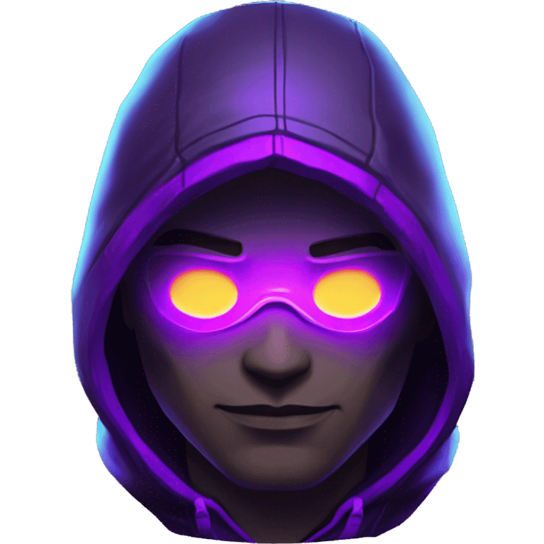 developer behind his laptop with this style : crysis Cyberpunk Valorant neon glowing bright purple character purple violet black hooded assassin themed character emoji