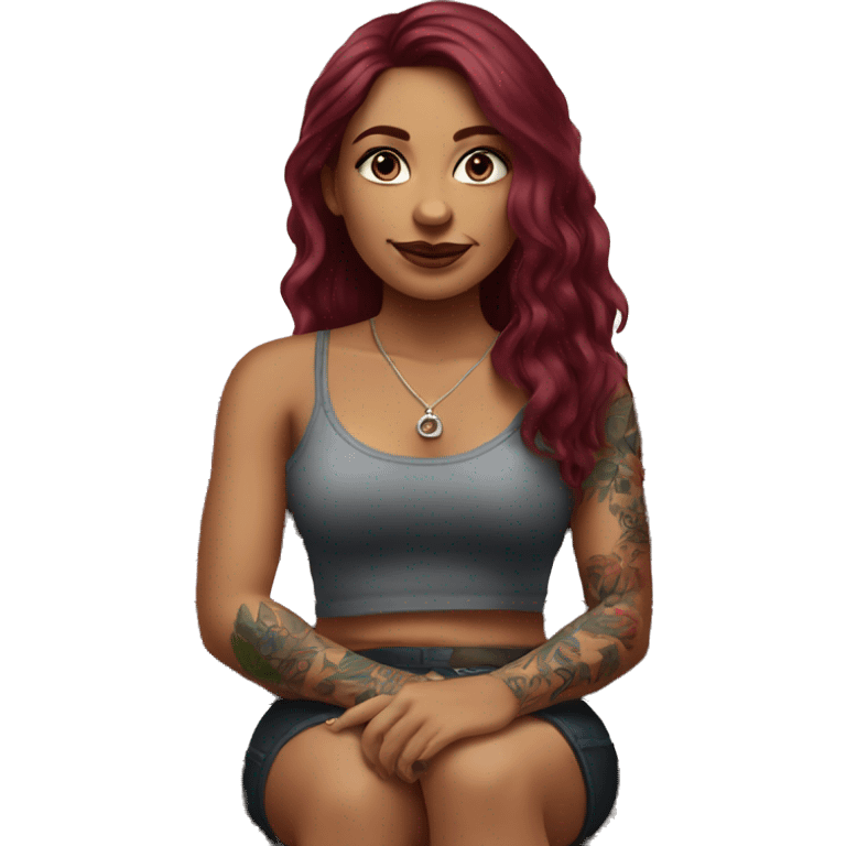 Beautiful tattooed burgundy long haired woman sitting on a bench emoji