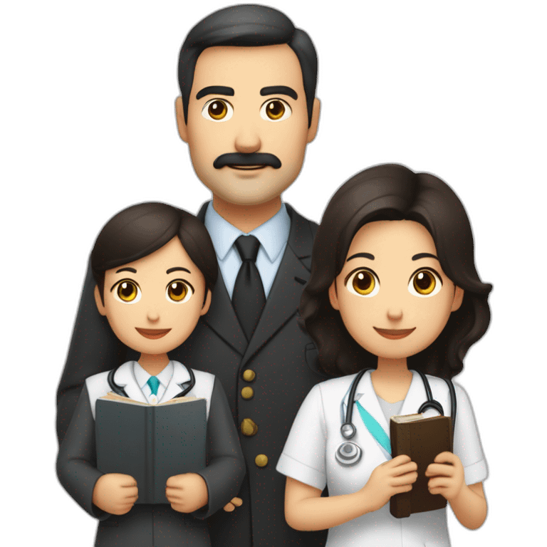 father american middle age with dark brown hair mustache and trimmed beard wearing a suit holding a bible, mother asian middle age with black shoulder length hair wearing a nurse uniform emoji