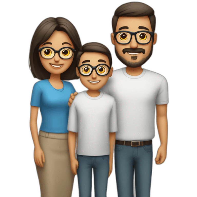 Padre y madre con melena por los hombros con un hijo con gafas emoji