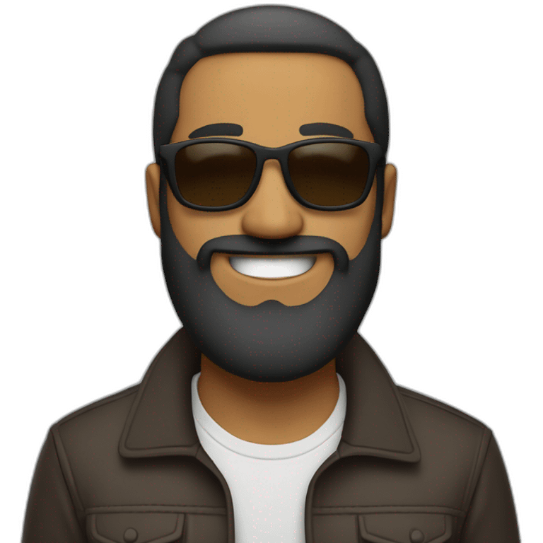 a brown man with a long beard, wearing shades, jacket and a smile on his face. full body image emoji