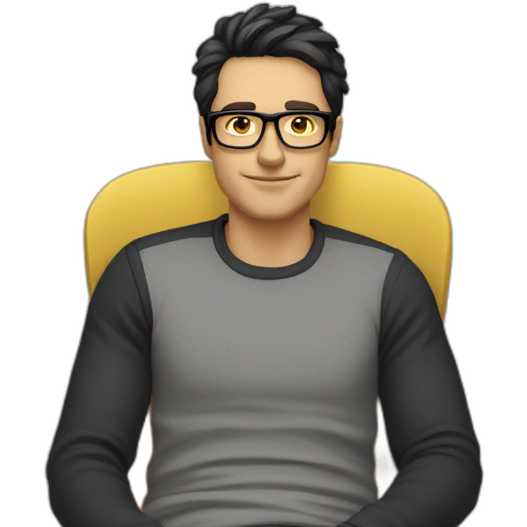 White man with yellow tinted glasses and black hair in a gray jumper and sitting on a chair emoji