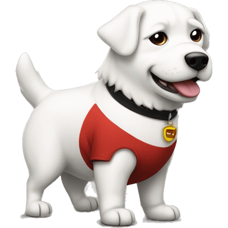 standing chubby white dog with black wars and red shirt  emoji