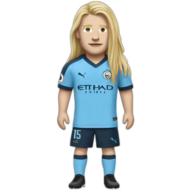 Realistic Erling Haaland has long hair, in acatogan. He is wearing Manchester City football shirt emoji