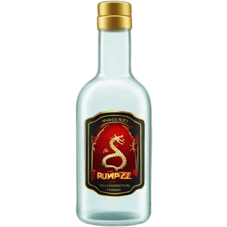 clear bottle of rumpleminze clear alcohol with a label that black with red border and font that has a small gold dragon on the label that says “RUMPZ” emoji