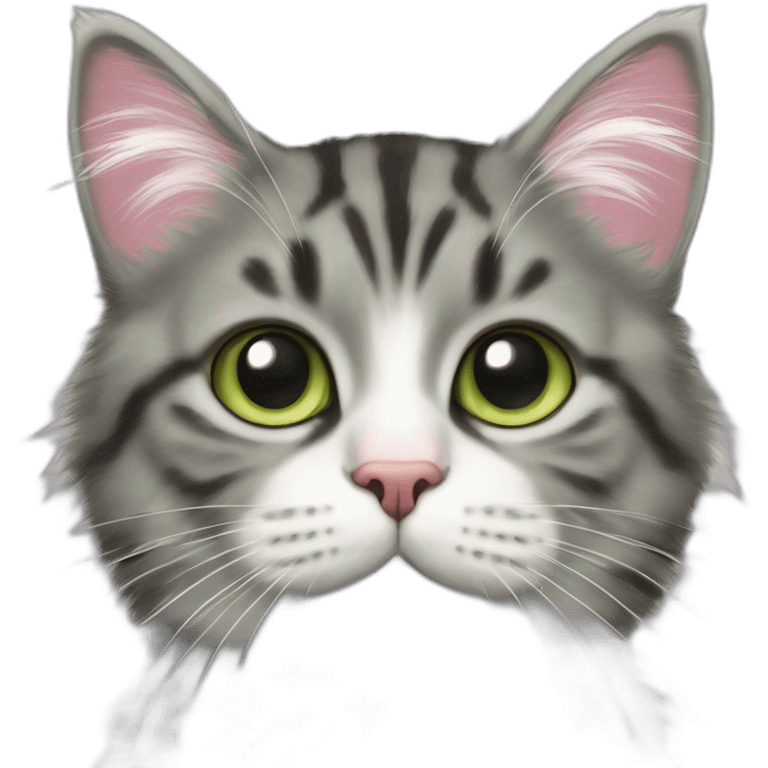 cat Tabby (Mainly black and gray) fluffy cat pink-nose light-green-eyes,-white-long-whiskers,-white-spots-near-the-nose emoji