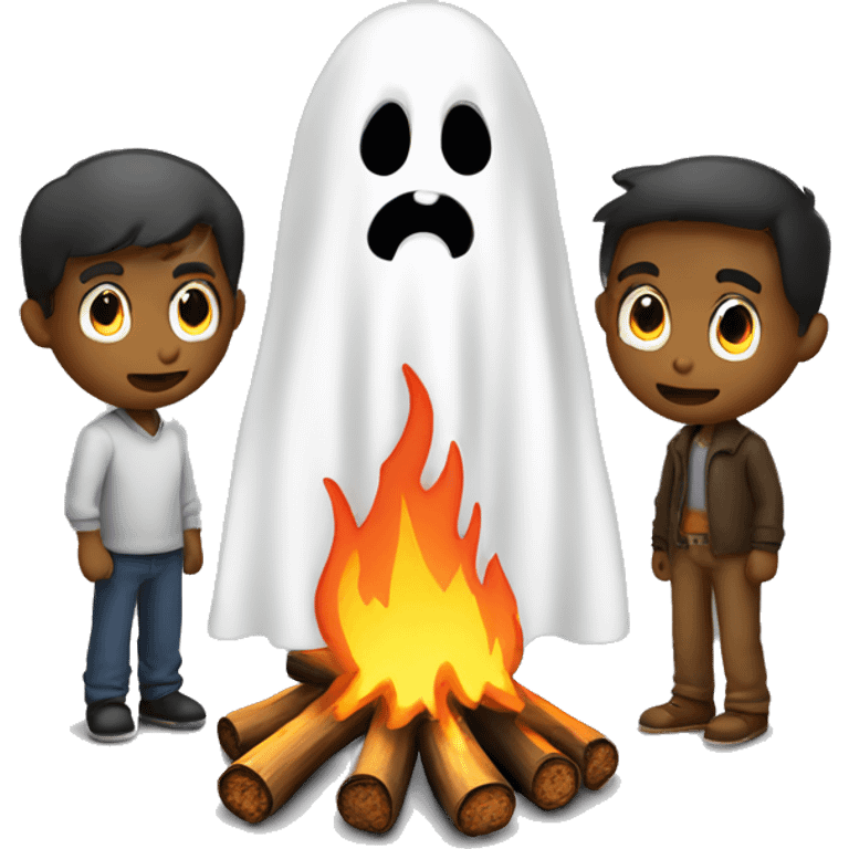 Ghosts stare at man around bonfire emoji