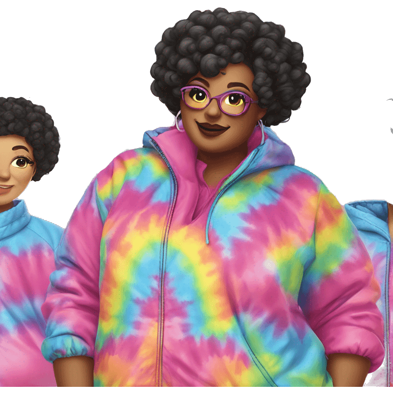 Plus size black woman with chinky eyes, pink curly pixie cut hair and a rainbow tie dye bubble jacket  emoji