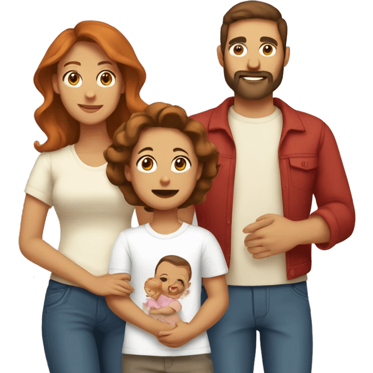 traditional family with a father with brown eyes, brown hair and beard, mother wearing t-shirt and pants, and red long hair, and one baby on her arms emoji