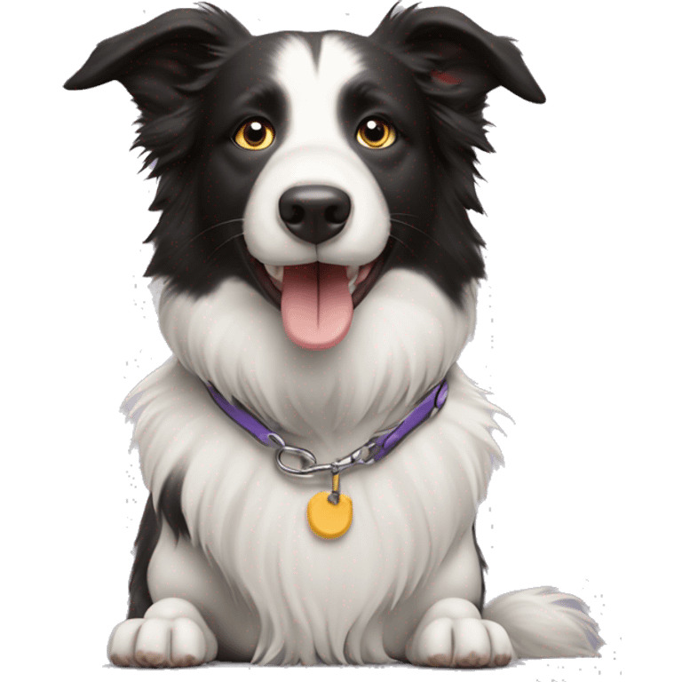 Border collie dog sitting down with tongue out and leash emoji